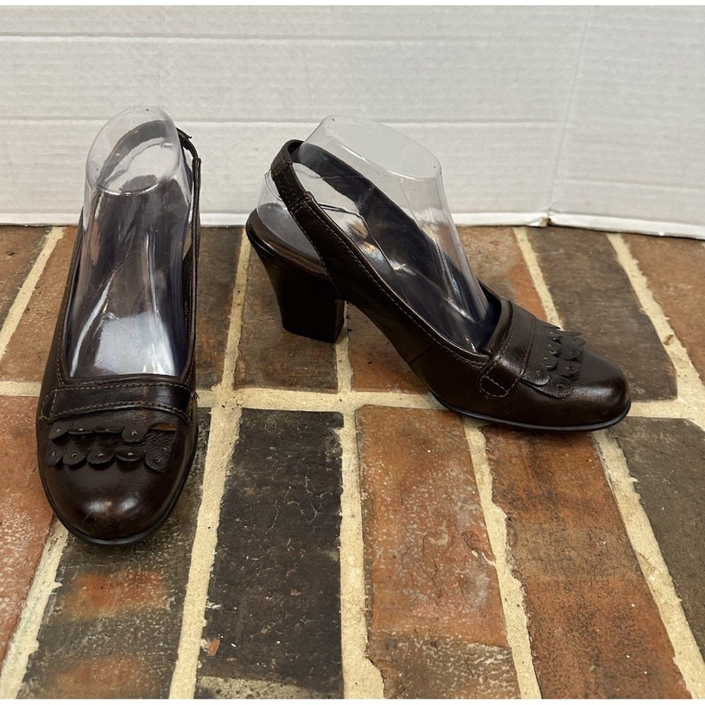 Born Crown Brown Leather Slingback Heels Scalloped Round Toe Block Heel 8.5 - Picture 2 of 7
